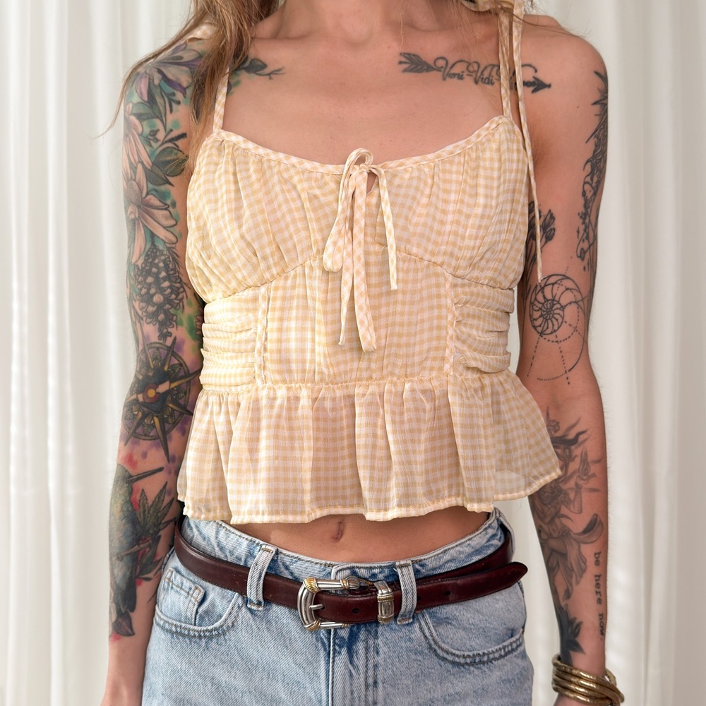American Eagle Yellow Gingham Crop Tank Tie Strap Ruffle Babydoll Top
